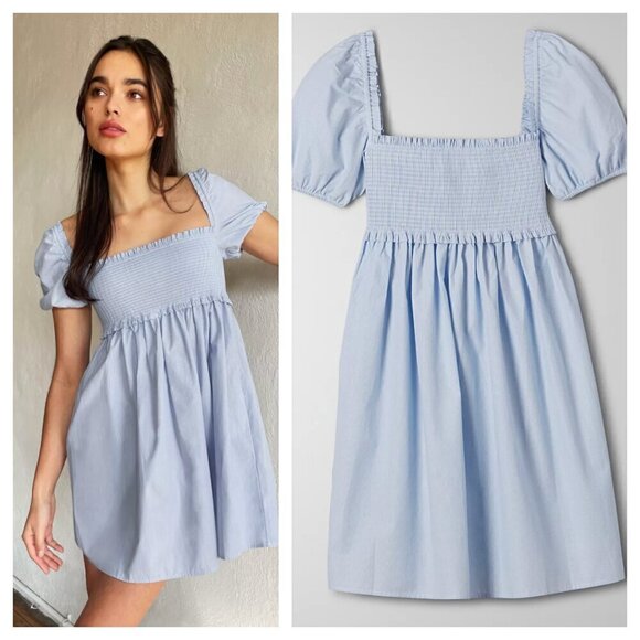Aritzia Sunday Best Hadley Puff Sleeve Smocked Babydoll Dress Blue Women's M - Picture 1 of 9